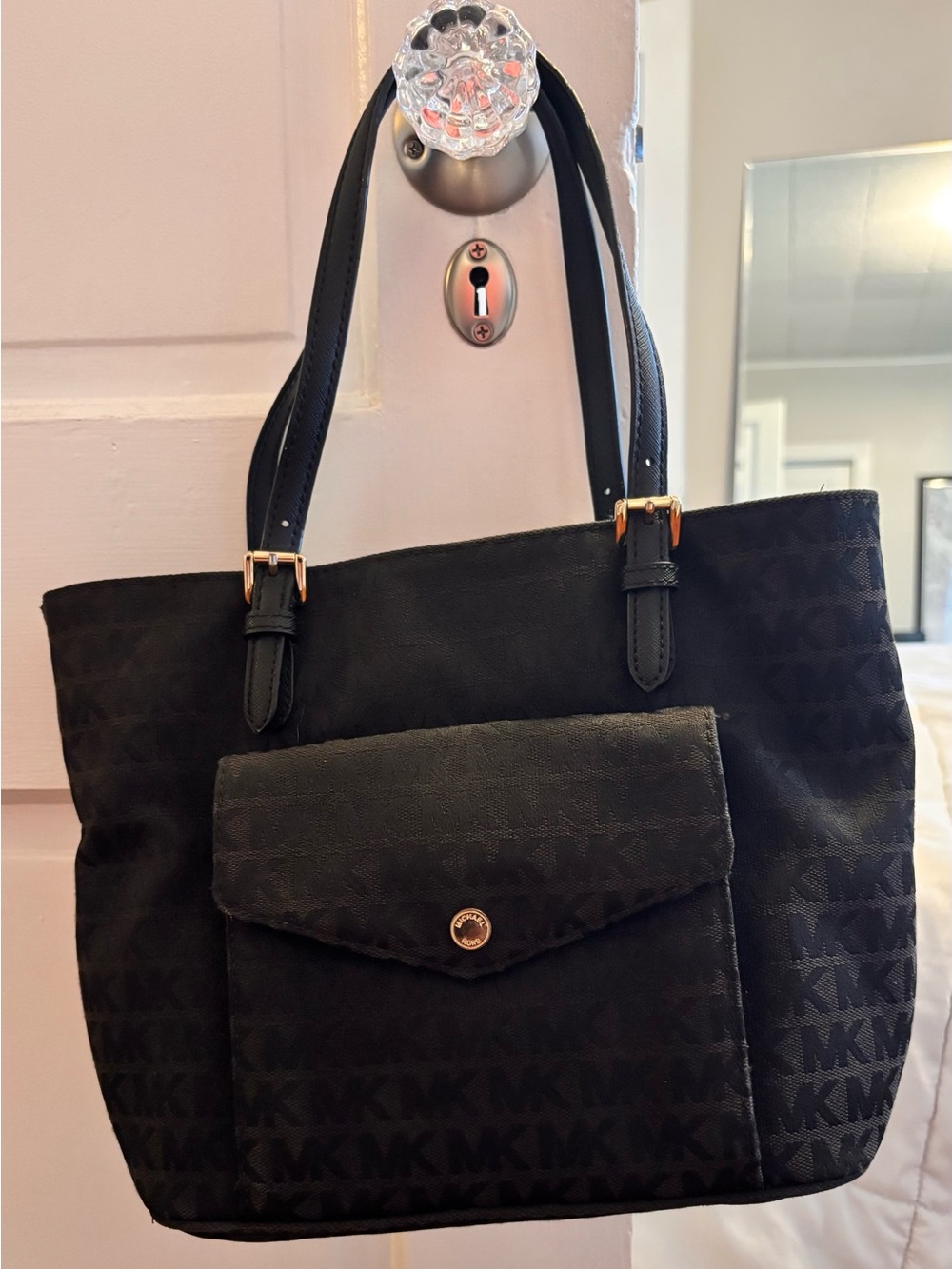 Michael Kors Black Signature Logo Tote with Front Pocket